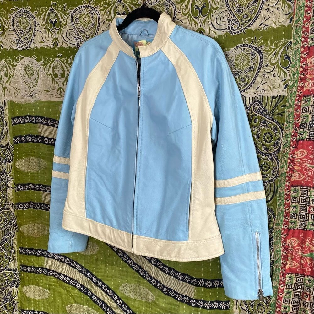Rare VTG Y2K Wilsons Leather Baby Blue/ Cream Retro Moto Leather Jacket Large - Picture 4 of 8